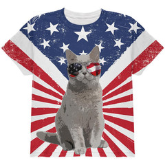 Funny Patriotic Cat Shirt USA Flag 4th of July Polyester Tee for Men Women