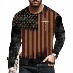 T Shirt Men’s Distressed USA American Flag Cross Long Sleeve Patriotic Silky Tee