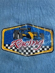 VTG Sunshine T shirt Racing Graphic Print Colorblock Blue Yellow L Short Sleeves