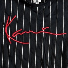 Karl Kani Black & White Pinstripe Embroidered Logo Short Sleeve Tee Mens Size M