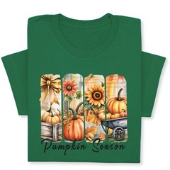 Pumpkin Season Print Shirt, Fall Tee with Sunflowers & Cart