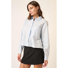 Light Blue Embroidered Polka Dot Blouse Button Down Long Sleeve Size M