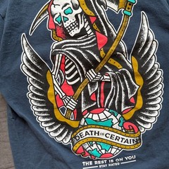 DEATH IS CERTAIN Graphic Skater Tee – Faded Blue Grunge Shirt, Size M