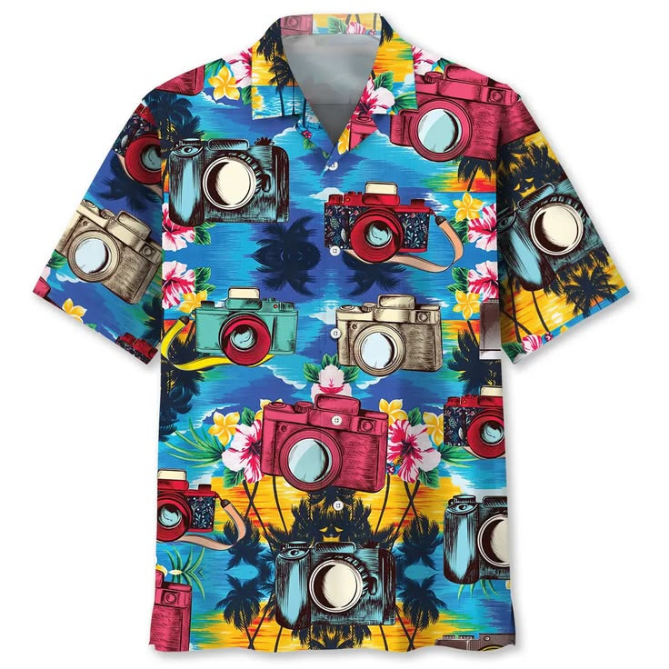 Tropical Camera Hawaiian Shirt Men Button Down Summer Beach Aloha Shirt