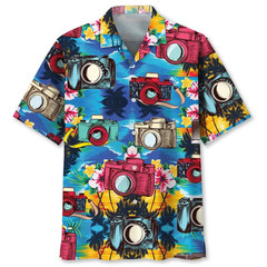 Tropical Camera Hawaiian Shirt Men Button Down Summer Beach Aloha Shirt
