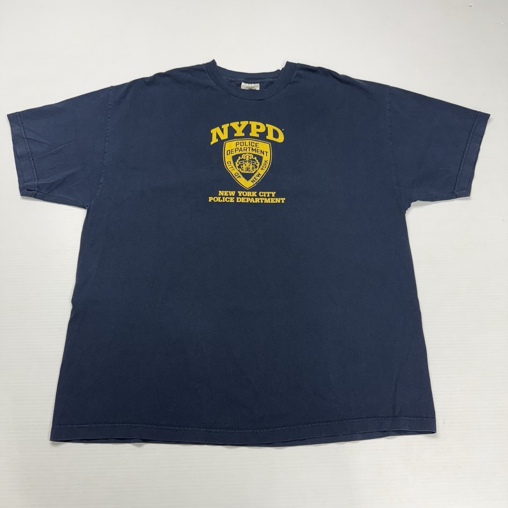 Vtg NYPD Police Crest Logo Mens Shirt 2XL Navy Spellout NYC City Retro Classic