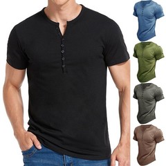 Mens Short Sleeve Henley T-Shirt Casual V Neck Slim Fit Muscle Tops Blouse Tee