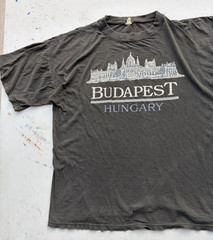 Men’s Vintage Budapest T-Shirt Black Spell-Out XL Hungary HOLES Thrashed Paper