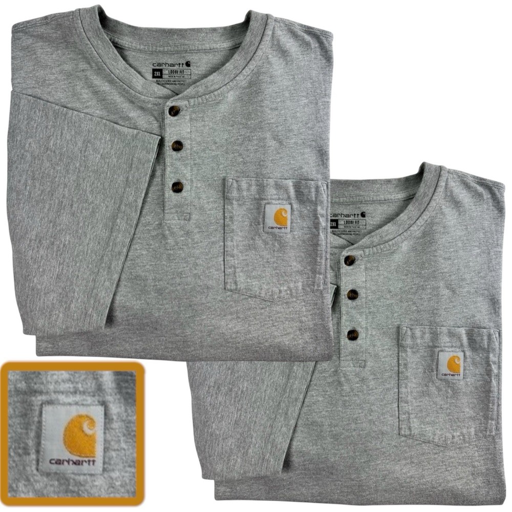 2 Carhartt Dearborn Henley Men 2XL Loose Fit XXL Gray Shirt Pocket Logo Workwear