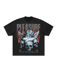 Men’s Vintage Washed Graphic T-Shirt Angel Skull Fire Print Gothic Streetwear Te