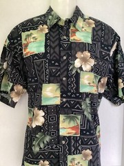 Pierre Cardin Hawaiian Shirt Men’s sz L large black Hawaiian 🌺 palm tree beach
