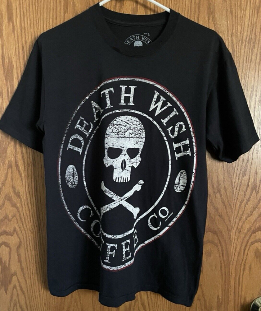 Death Wish Coffee Graphic T-Shirt – Patch – Pin Skull Cross Bones Logo Size S
