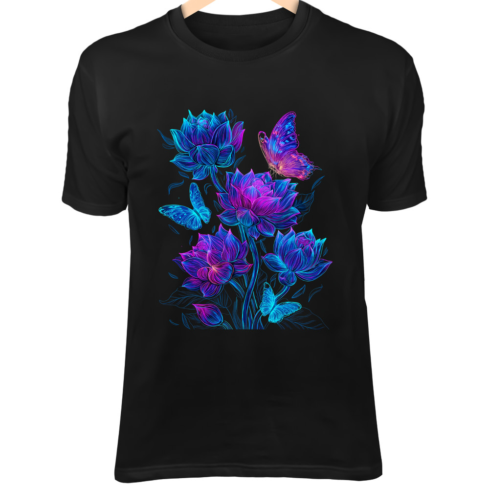 Cyberpunk Floral Fusion – Neon Lotus, Roses & Holographic Butterflies