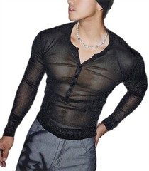 Mens Glitter Shirt Top See Through Lace T-Shirt Sheer Mesh Undershirts