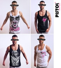 Pistol Boutique Men’s Black Plain Blank Neck Logo Print Single Tank Vest Top