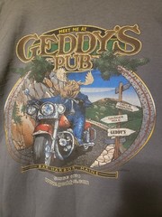Collectible Geddys Pub Bar Bar Harbor Maine Moose On A Motorcycle Blue Shirt XL