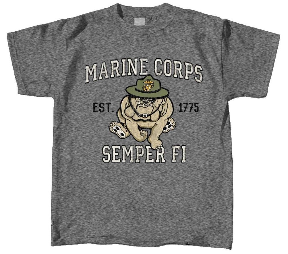 NEW MILITARY U.S. MARINES UNITED STATES BULL DOG SEMPER FI MEN’S GRAY TEE SHIRT
