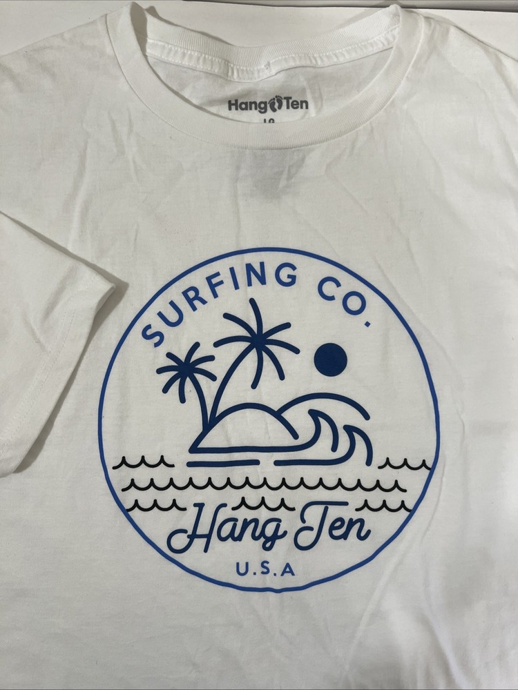 Hang Ten Surfing Co. White 100% Cotton Retro Palm Tree Logo Size Large , L