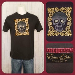VTG 1990s 90s Y2K Edward Dada Black Leather Applique Skull Embellished Tee Shirt