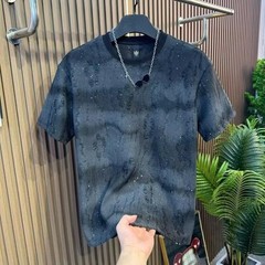 Men Luxury Fashion Trendy Ripped Sequin Diamond Rhinestone Summer T-shirt