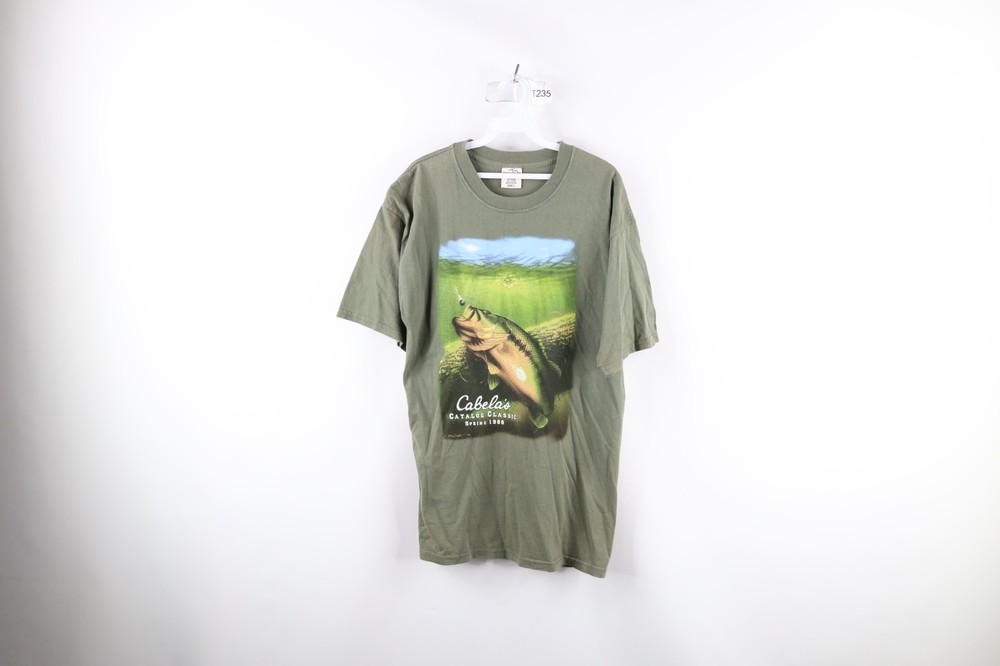 Vintage 80s Cabelas Mens Large Faded Spell Out Bass Fishing T-Shirt Olive Green
