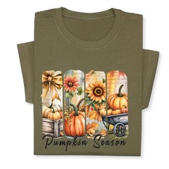 Pumpkin Season Print Shirt, Fall Tee with Sunflowers & Cart