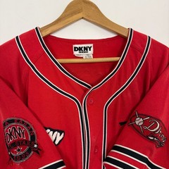 Vintage 90s DKNY Patchwork Baseball Jersey Button Up Shirt Streetwear Sportswear