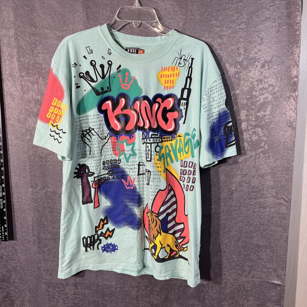 HUGE Fashion Exchange Men’s 2XL Aqua Graffiti King Savage Graphic T-Shirt Cotton