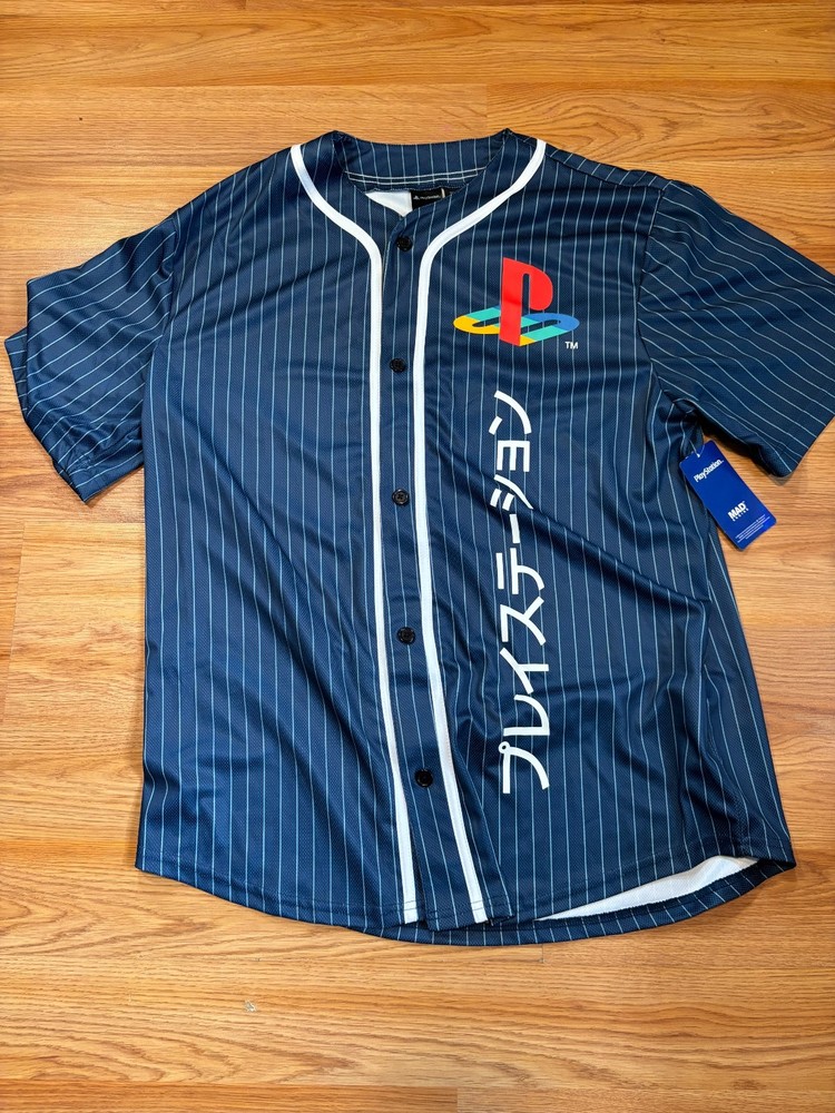PlayStation Katakana Kanji Baseball Jersey Official License Navy Pinstripe L