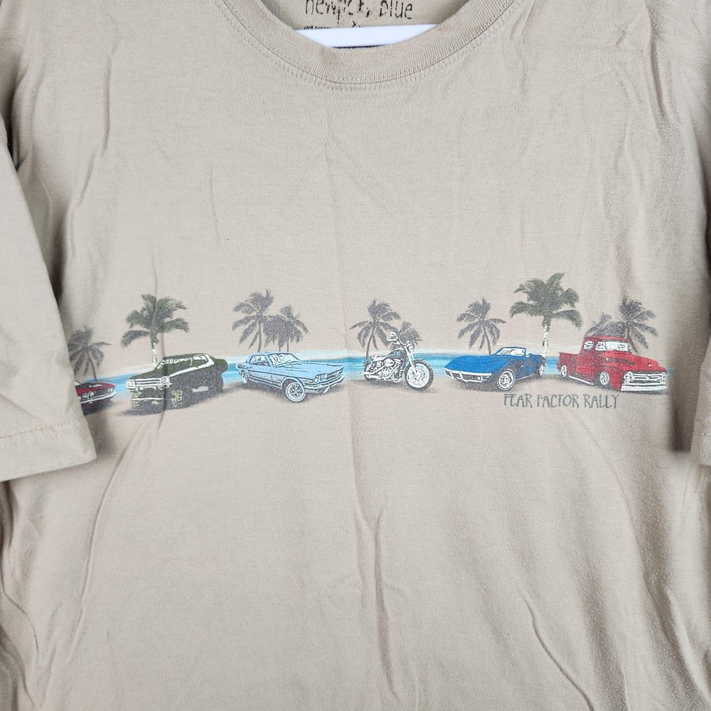 Fear Factor Rally Shirt Mens XL Tan Classic Trucks Cars Palm Trees Beach Chpooer
