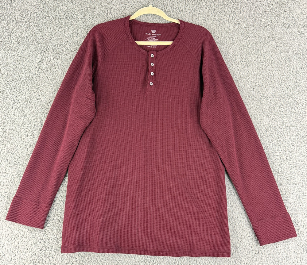 Mack Weldon Henley Shirt Mens Size XXL Maroon Long Sleeve Thermal Crew Neck