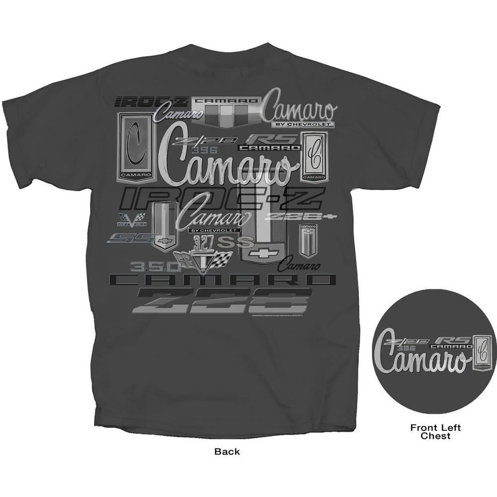 Joe Blow Ts Chevy Camaro All Over Logos Men’s Gray T-Shirt RS SS 396 Z28 Emblems