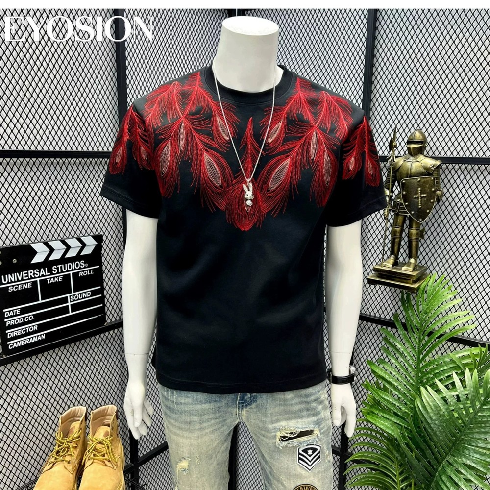 Men Embroidery Peacock Feathers T-Shirt Casual Short Sleeve Crewneck Cotton Tee