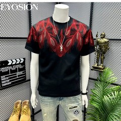 Men Embroidery Peacock Feathers T-Shirt Casual Short Sleeve Crewneck Cotton Tee
