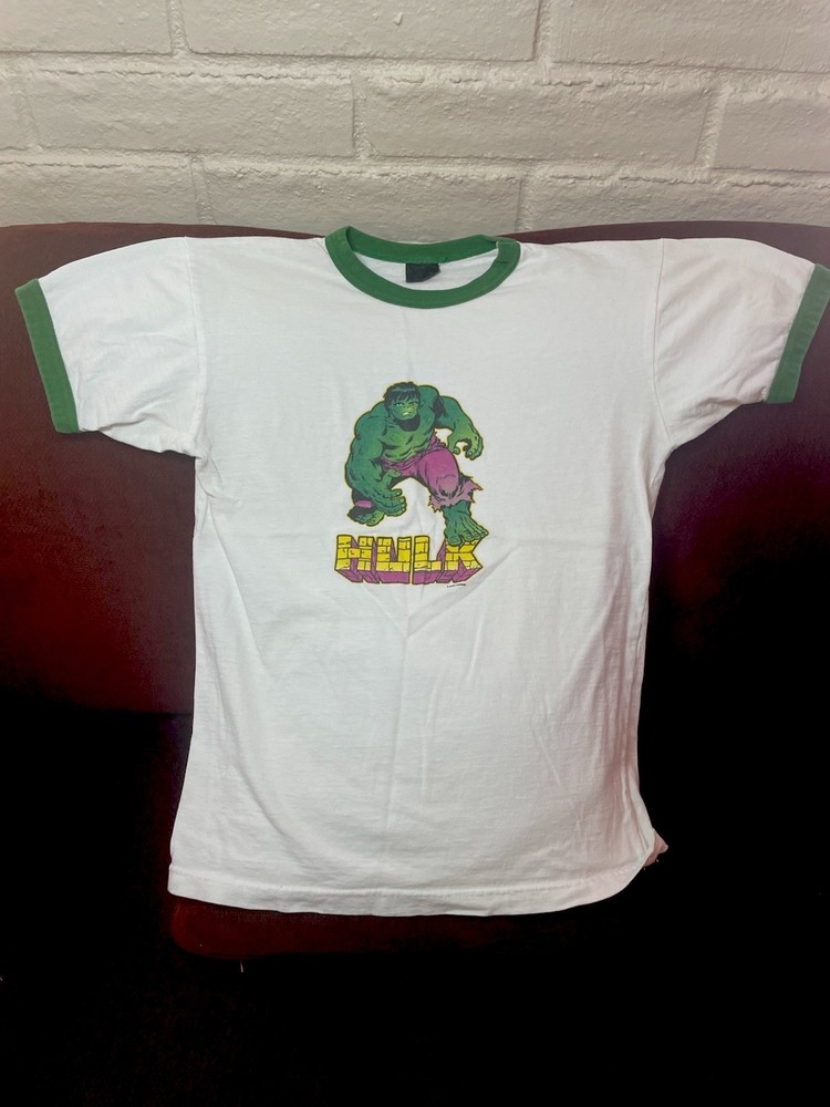 Vintage Marvel Hulk Men’s L White/Green Ringer Graphic Tee Crew Neck