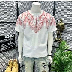 Men Embroidery Peacock Feathers T-Shirt Casual Short Sleeve Crewneck Cotton Tee