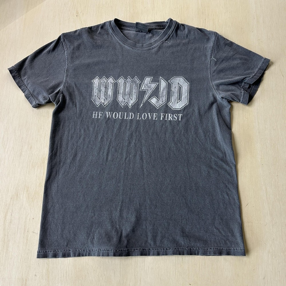 WWJD He Would Love First AC DC Shirt Mens Medium Gray Comfort Colors Tee T-Shirt