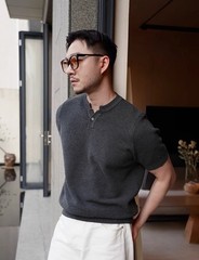 Henry Collar Short-Sleeved Knitted Sweater Men Breathable Summer Fashion