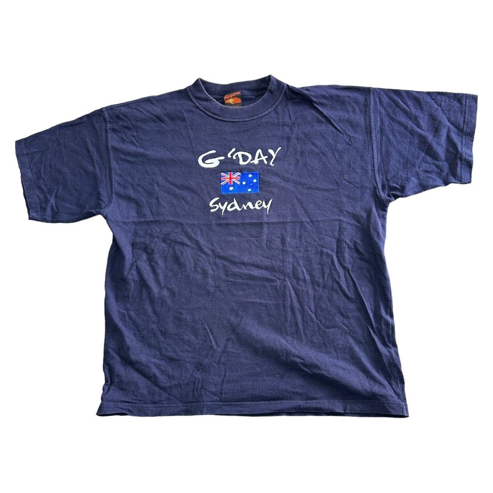 Vintage Kangaroo T-Shirt Australia Gday Sydney Embroidered Blue Mens Large
