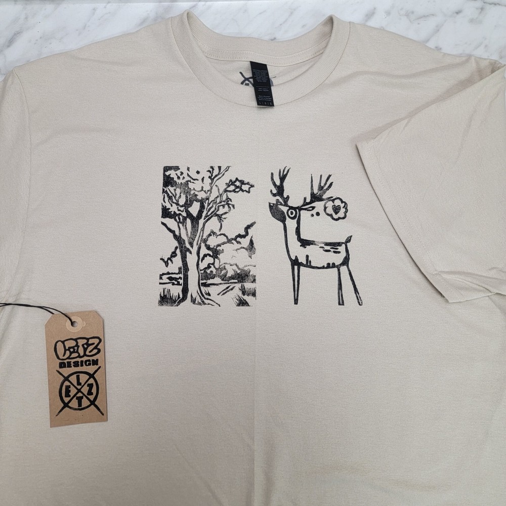 Hand-Printed Southwest Folk Art T-Shirt Cartoon Deer and Tree Lino Cut Print