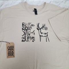 Hand-Printed Southwest Folk Art T-Shirt Cartoon Deer and Tree Lino Cut Print