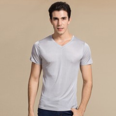Men 100% Mulberry Silk Knitted V Neck T Shirts Underwear Short Sleeve Tops Shirt
