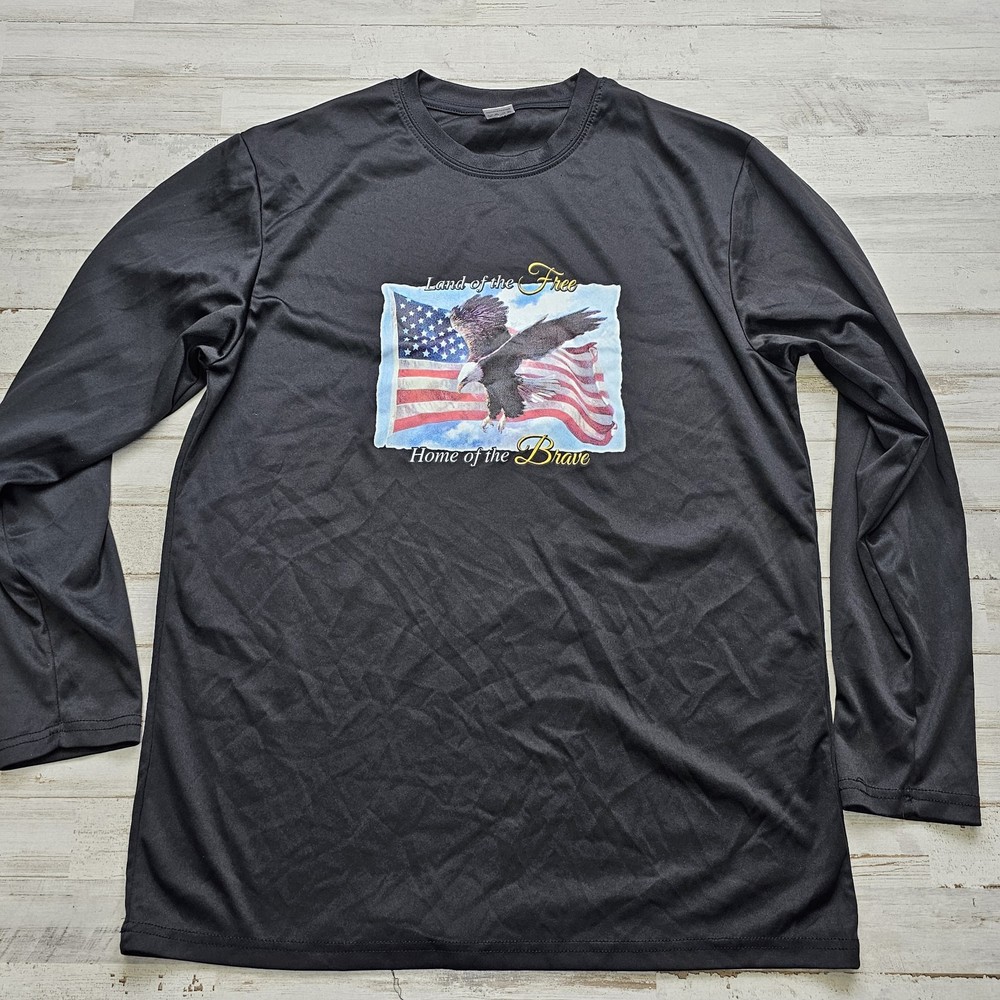 Retro Land of the Free Home of the Brave Long Sleeve Shirt Wicking Sz L Black