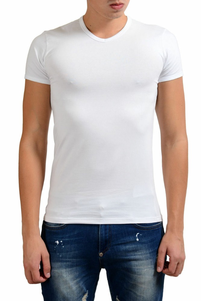 Versace Collection Men’s White Stretch V-Neck Short Sleeve T-Shirt US S IT M