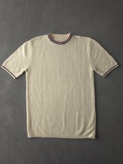 Vintage 1960s Cream Acrylic Knit Crewneck Ringer T-shirt Mod Beach Men’s S