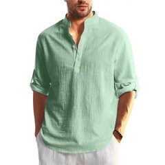 Autumn Men Cotton Linen Henley T-Shirt Lightweight Breathable Casual Top Gift