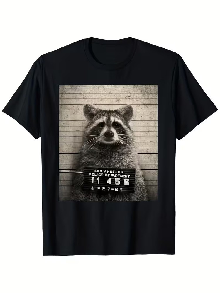Men’S T-shirt 220g 100% Cotton -Raccoon Mugshot by Buck Tee T-Shirt