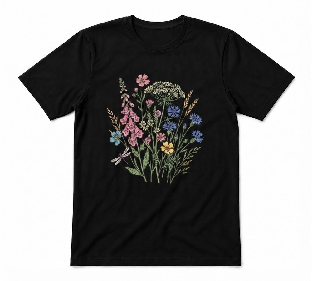 Wildflower Floral Boho Flower Bird Lover Graphic Unisex Black T-shirt