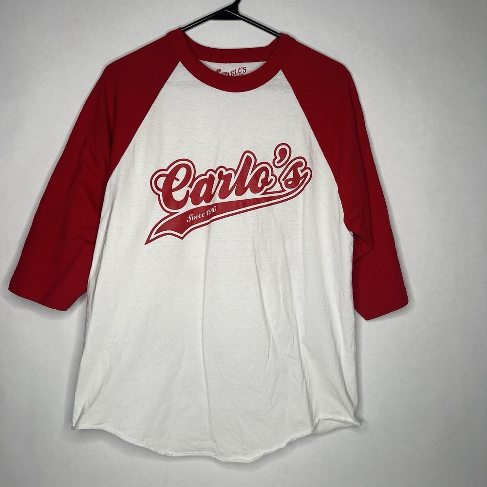 Carlo’s Bakery Shirt White Red Baseball Mens Large CAKEBOSS 3/4 Sleeve Hoboken