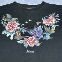 Vintage 1990s Maui Hawaii Pink Roses And Butterflies Black T-Shirt Size XL